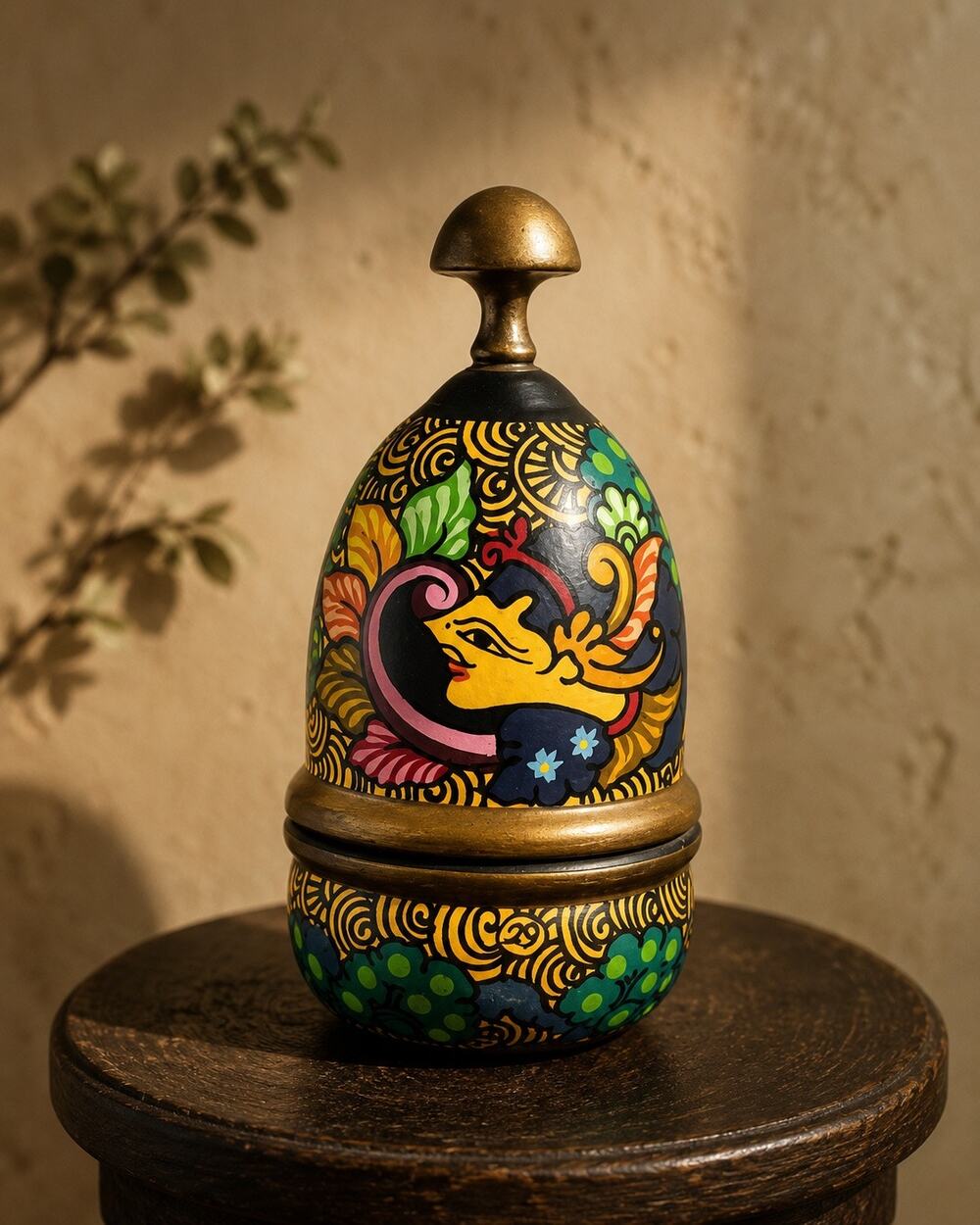 Vintage Hand Painted Indian Papier Mâché Lidded Box Folk Art Elephant Decor